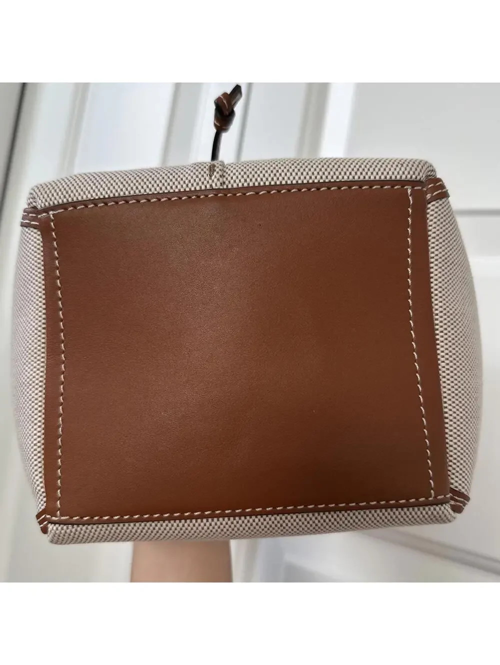 Tory Burch McGraw Mini Canvas Drawstring Satchel Crossbody Bag Natural Brown